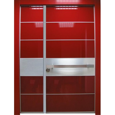 דלת חוץ כנף וחצי בחיפוי זכוכית אדומה בשילוב פס כסף דלת חוץ כנף וחצי בחיפוי זכוכית אדומה בשילוב פס כסף