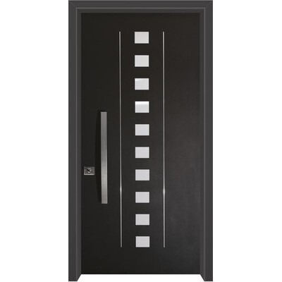 דלת חוץ מודרנית עם חלונות קוביות ושתי פסי ניקל אורכיים   דלת חוץ מודרנית עם חלונות קוביות ושתי פסי ניקל אורכיים