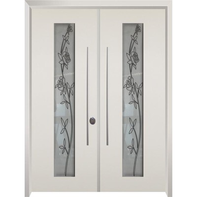 דלת חוץ כפולה בשילוב זכוכית ויטראז' פירוחני מאורך בצבע שמנת  דלת חוץ כפולה בשילוב זכוכית ויטראז' פירוחני מאורך בצבע שמנת