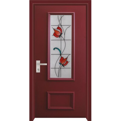 דלת חוץ בשילוב זכוכית ויטראז' עם פרחים בצבע בורדו  דלת חוץ בשילוב זכוכית ויטראז' עם פרחים בצבע בורדו