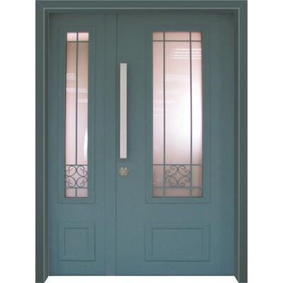 דלת חוץ כנף וחצי עם חלון בינוני ופרח בחלק התחתון בצבע טורקיז דלת חוץ כנף וחצי עם חלון בינוני ופרח בחלק התחתון בצבע טורקיז