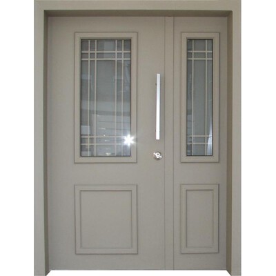 דלת חוץ כנף וחצי  עם חלון פנורמי וסורג קווים ישרים בצבע שמנת