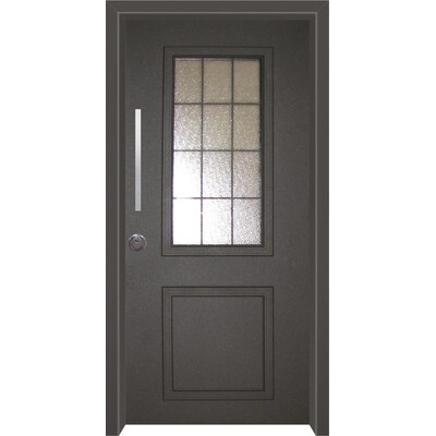 דלת חוץ עם חלון פנורמי וסורג מרובעים בצבע שחור