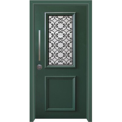 דלת חוץ  עם חלון פנורמי וסורג עם פרחוניי בצבע ירוק 