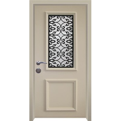 דלת חוץ  עם חלון פנורמי וסורג עם בסיגנון פרחי לוטוס  בצבע שמנת