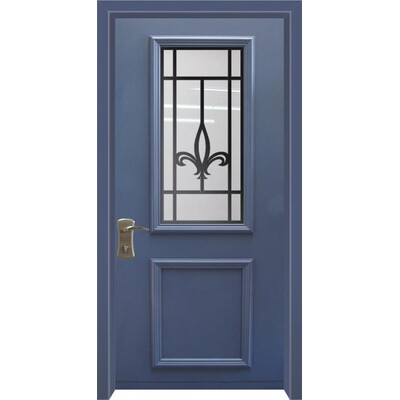 דלת חוץ עם חלון פנורמי וסורג לוטוס בצבע כחול