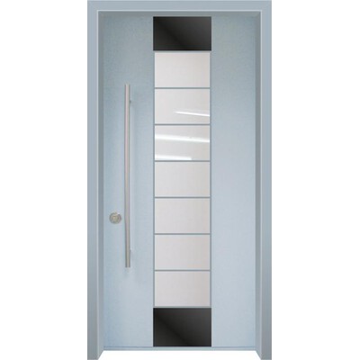 דלת חוץ מודרנית עם חלון מאורך וסורג פסים לרוחב בשילוב 2 צבעים 